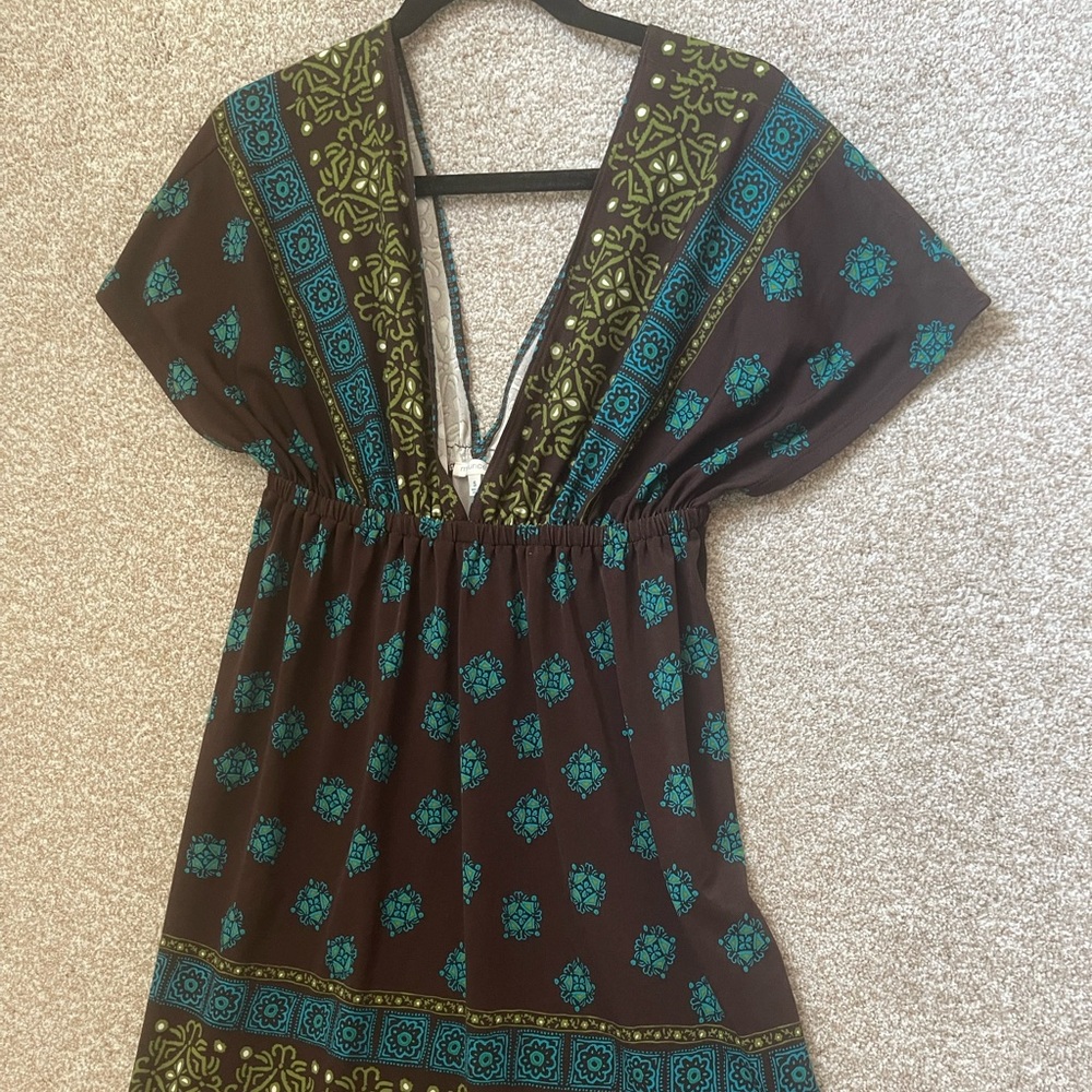 Maurice’s V Neck Plunge Midi Casual Brown Green Patterned Dress Size Small